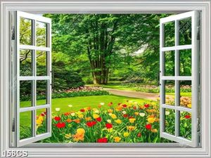 Tranh cửa sổ nhìn ra vườn hoa nở rộ file gốc