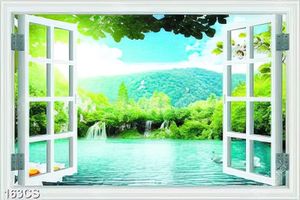Tranh phong cảnh thác nước đẹp bên khung cửa in uv