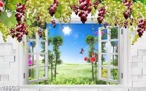 Tranh những chùm nho bên ô cửa sổ in kính
