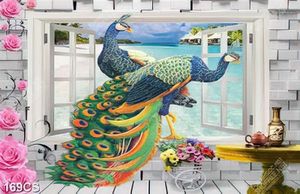 Tranh cửa sổ và chim công decor phòng