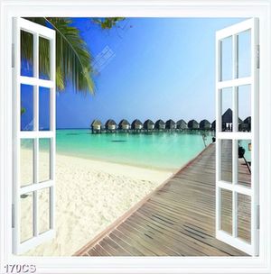 Tranh cửa sổ hướng ra bãi biển đẹp sang trọng