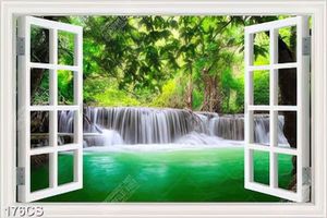 Tranh thác nước bên khung cửa sổ in kính