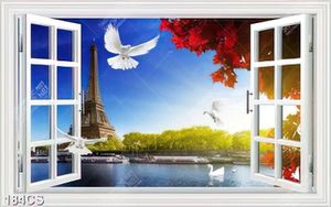 Tranh cửa sổ hướng ra tháp Eiffel bên dòng sông in kính