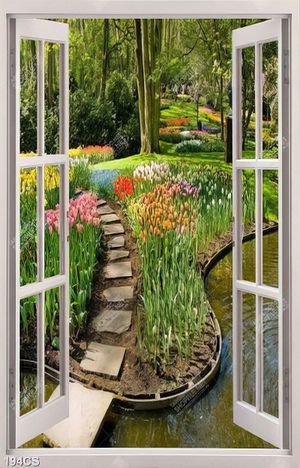 Tranh cửa sổ bên vườn hoa tulip file gốc