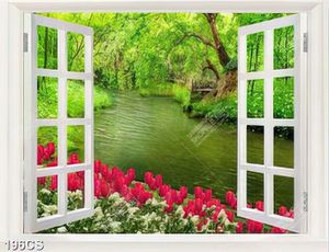 Tranh cửa sổ và hoa tulip bên dòng sông xanh