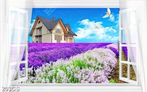 Tranh cửa sô hướng ra ngôi nhà trên đồi và vườn oải hương đẹp nhất
