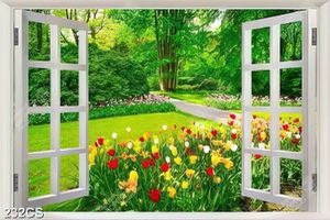 Tranh cửa sổ và vườn hoa nhiều màu đẹp hiện đại