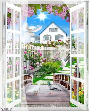 Tranh cánh cổng hoa và ngôi nhà in uv