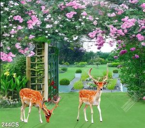 Tranh những chú nai bên cánh cổng đầy hoa decor tường