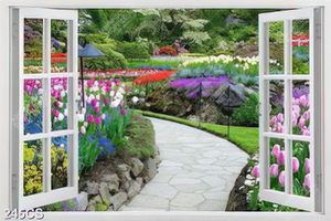 Tranh khung cửa sổ và vườn hoa tulip nhiều màu sắc