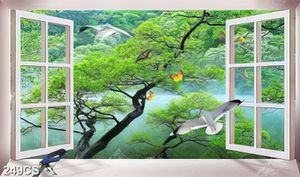 Tranh cửa sổ bên cây và chim bay lượn