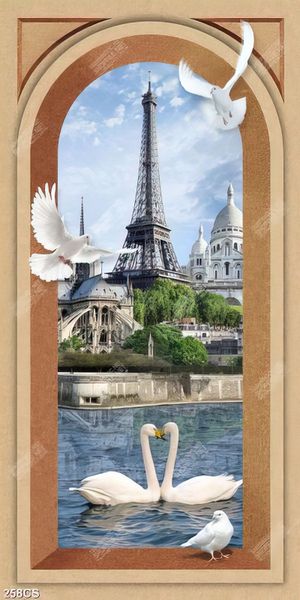 Tranh tháp Eiffel và đôi thiên nga trắng bên ô cửa sổ