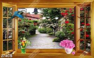 Tranh cửa sổ bên vườn hồng đỏ in kính