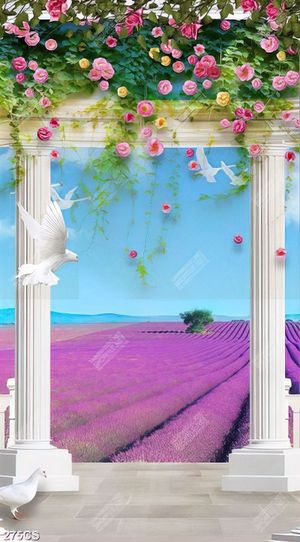Tranh trang trí phòng khách vườn hoa oải hương bên khung cửa