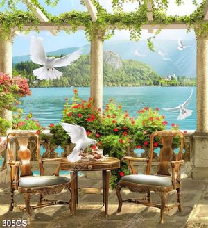 Tranh ban công phủ đầy hoa bên dòng sông đẹp nhất in kính