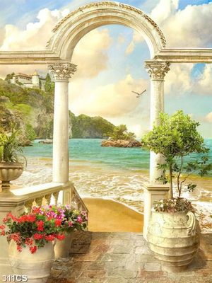 Tranh dán tường khung cửa bên bãi biển file psd