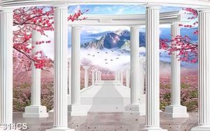 Tranh cánh cổng trắng bên vườn hoa đào chất lượng cao
