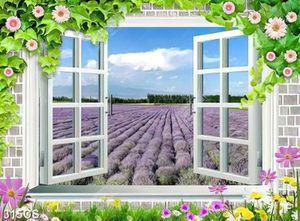 Tranh decor tường khung cửa sổ bên vườn hoa oải hương file gốc