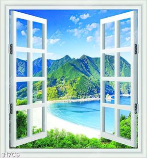 Tranh gắn tường cửa sổ bên sông núi file gốc