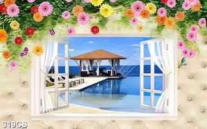 Tranh 3D khung cửa sổ và biển decor phòng khách