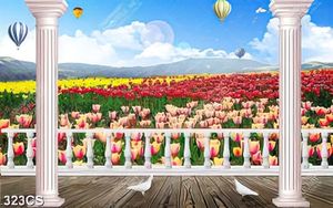 Tranh 3D ban công bên vườn hoa trang trí tường