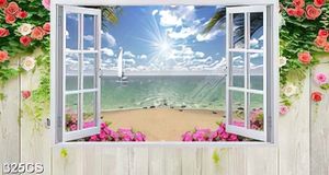 Tranh 3D cửa sổ bên bãi biển decor tường