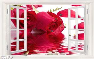 Tranh 3D dán tường hoa hồng bên khung cửa sổ
