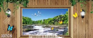 Tranh 3D trang trí phòng khách khung cửa sổ và dòng nước in kính