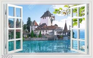 Tranh cửa sổ hướng ra ngôi nhà phong cách tây âu decor tường