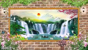 Tranh 3D cửa sổ và thác nước phong thủy decor tường
