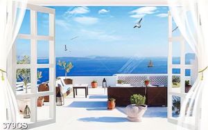 Tranh decor tường ban công hướng ra biển in kính
