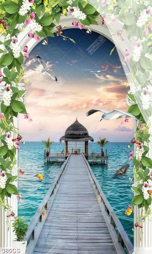 Tranh dán tường cổng trắng và cây cầu hướng ra biển đẹp nhất