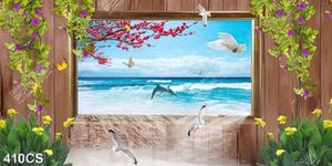 Tranh 3D cửa sổ và hoa lá bên bờ biển đẹp nhất in kính