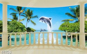 Tranh ban công bên bờ biển và những chú cá heo decor tường