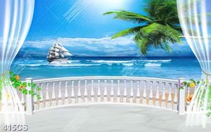 Tranh ban công bên thuyền và biển trang trí tường