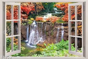 Tranh cửa sổ bên thác nước và cây lá đỏ file gốc