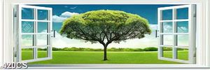 Tranh dán tường cây xanh bên khung cửa in uv
