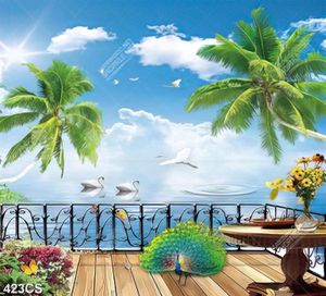 Tranh ban công hồ nước đẹp bên nền trời xanh in kính