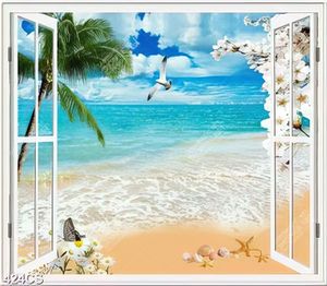 Tranh cửa sổ bên bãi cát vàng dán tường in kính