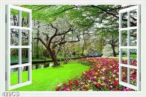 Tranh cửa sổ bên vườn hoa tulip trang trí phòng khách đẹp