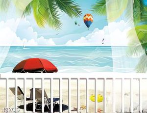 Tranh 3D trang trí phòng ngủ bãi biển bên khung cửa