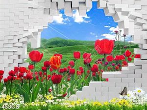 Tranh 3D hoa tulip bên nền gạch trắng chất lượng cao