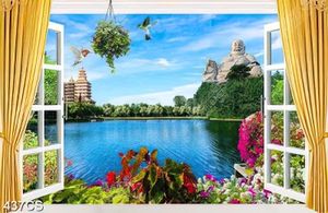 Tranh cửa sổ hướng ra tượng Phật bên dòng sông trang trí nội thất