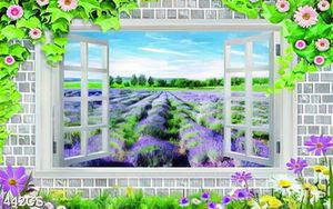 Tranh 3D cửa sổ và hoa oải hương tím dán tường
