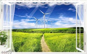 Tranh cửa sổ hướng ra cối xoay gió và cánh đồng cỏ xanh