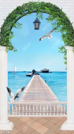 Tranh khung cửa và cây cầu dẫn ra biển decor tường đẹp nhât
