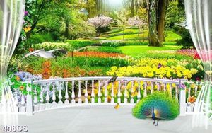 Tranh ban công bên vườn hoa nở rộ trang trí phòng khách