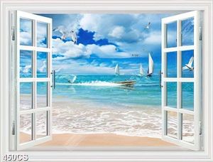 Tranh trang trí tường cửa sổ hướng ra biển xanh in kính