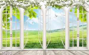 Tranh dán tường khung cửa bên cánh đồng cỏ xanh in uv