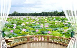 Tranh ban công bên hồ sen trang trí phòng khách